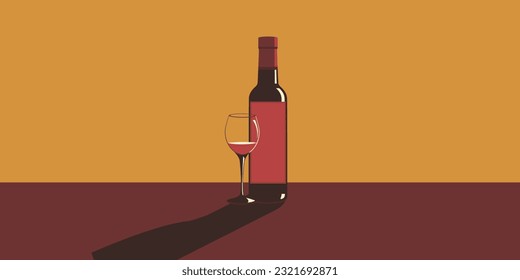 Illustration of a bottle of wine and a glass of wine in retro style.