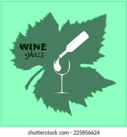 Illustration of a bottle of wine and glasses on a background of grape leaf