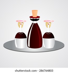 illustration of bottle of wine with a mustache standing on a tray with two glasses