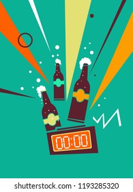 Illustration of Bottles of Beer with Bubbles Coming Out and Rays with Timer Below. Speed Drinking Design
