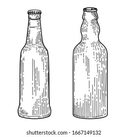 Illustration of bottles of beer in engraving style. Design element for logo, label, emblem, sign. Vector illustration