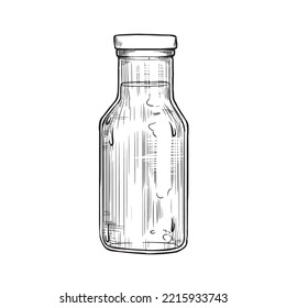 Illustration of bottles of different drinks, ink drawing.