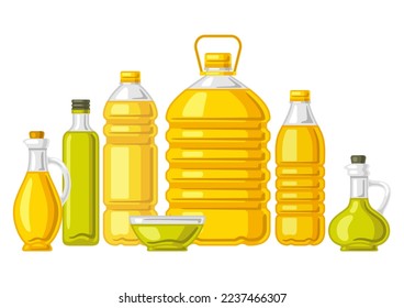 Ilustración de botellas con aceite. Imagen para agricultura y gastronomía.