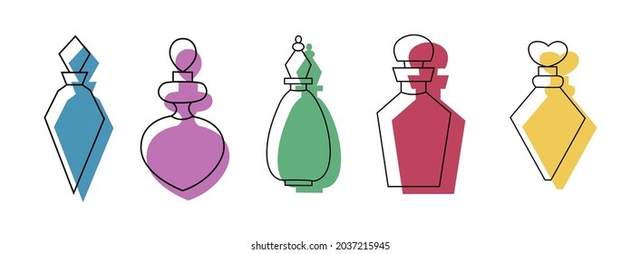 Illustration of bottles for perfumes, perfumes and liquids in a linear style. Geometric bottles. Vector illustration.