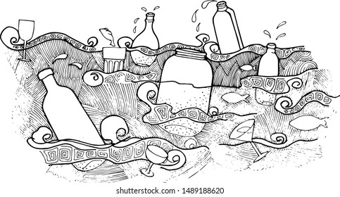 illustration of bottles in the sea.brvsgi waves.black liner drawing doodle.
