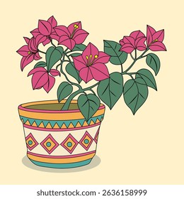 Ilustração Bougainvillea ou cacho de flores Buganvilla com broto em folha rosa e verde isolado em fundo amarelo.
