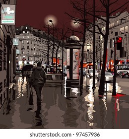 Illustration of a boulevard in Paris at night