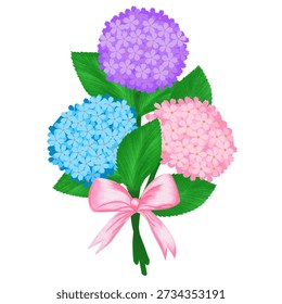 Illustration of a bouquet of bokor flowers or hydrangea flowers (Hydrangea macrophylla)  in various colors
