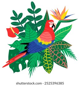 An illustration of a bouquet featuring a colourful macaw, tropical flowers, and exotic leaves. Tropical card is isolated on a white background, ideal for invitation cards and web designs. Hand-drawn 