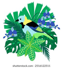 Una ilustración de un ramo con un pájaro tánger, flores tropicales y hojas exóticas. La tarjeta tropical está aislada sobre un fondo blanco, ideal para tarjetas de invitación y Diseños web. Dibujado a mano 