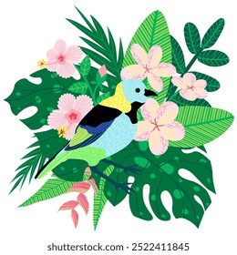 Una ilustración de un ramo con un pájaro tánger, flores tropicales y hojas exóticas. La tarjeta tropical está aislada sobre un fondo blanco, ideal para tarjetas de invitación y Diseños web. Dibujado a mano 