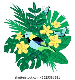 Una ilustración de un ramo con un pájaro tánger, flores tropicales y hojas exóticas. La tarjeta tropical está aislada sobre un fondo blanco, ideal para tarjetas de invitación y Diseños web. Dibujado a mano 