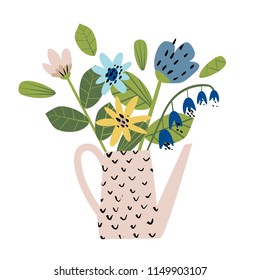 Illustration with a bouquet of flowers in a watering-can. Funny Doodle style. For a picture, a poster, a card, a children's book, a fabric, a cafe, a flower shop or florists. Vector. 