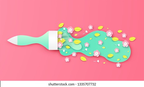 Illustration of bouquet in the form of paint brush for spring season. Graphic design for spring. paper cut and craft style. vector, illustration.