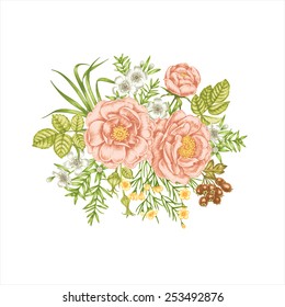 Illustration of a bouquet of garden flowers in vintage style. Roses. Vector.