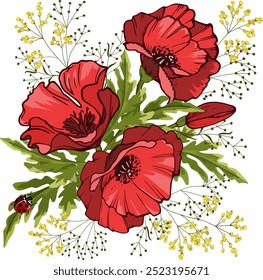 Illustration with a bouquet of poppies.Vector illustration with red poppies and green leaves on transparent background.