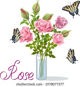 Illustration with a bouquet of roses and butterflies.Vector illustration with a bouquet of roses in a vase and butterflies.