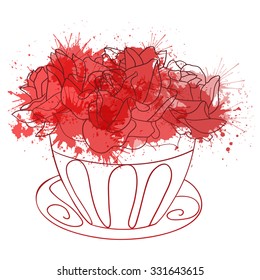 Illustration with a bouquet of roses in a vase and watercolor splashes for the invitation and your creativity