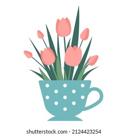 Illustration of a bouquet of tulips in a blue cup. Spring flowers in pastel colors. Template for greeting card, invitation, banner, print, postcard.