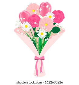 Illustration of a bouquet of tulips, roses and Gerbera daisys (pink)
