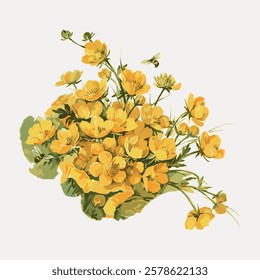 Illustration of a bouquet of yellow flowers with green leaves. Yellow flowers in a cluster, surrounded by green leaves. Vibrant yellow flowers in bloom. Vintage flower illustration isolated, vector.