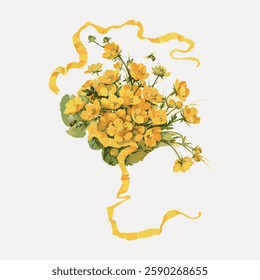 Illustration of a bouquet of yellow flowers with a yellow ribbon. Yellow flowers are vibrant, with a yellow ribbon accentuating the bouquet's charm. Vintage botanical illustration vector.