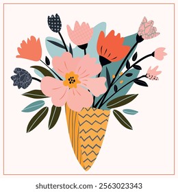 An illustration with bouquets of stylized textured flowers. Dark green, pink, orange, gray. For the Spring time, Valentine's Day, March 8th, postcards, magazines, websites, invitations.