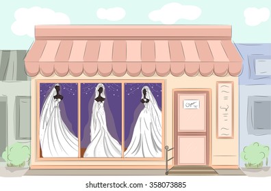 Illustration of a Boutique Displaying Bridal Gowns with Different Styles