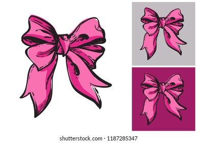 Illustration of bow. Luxury fashion style clip-art icon for branding, t-shirt print, promo ads. Isolated vector element on white, gray and amaranth purple colors.
