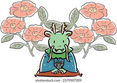 Ilustración de un dragón en reverso en un gran fondo de flores cameliales Año del Dragón 2024 Año Nuevo
