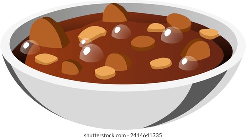 Illustration of a bowl of chocolate pudding with chocolate chips on a white background