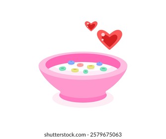 illustration of a bowl of colorful cereal with milk. love cereal. food, sweet, breakfast, snack. flat style design. element