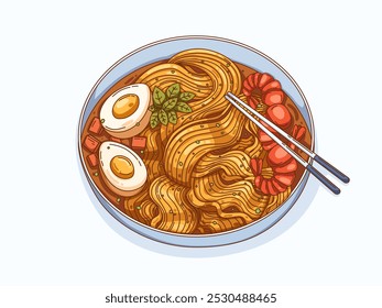 Illustration a bowl of delicious Japanese ramen noodles in a rich, flavorful broth. The ramen is garnished with slices of boiled egg, slices of meat, shrimp, fresh vegetables, and savory seasonings.