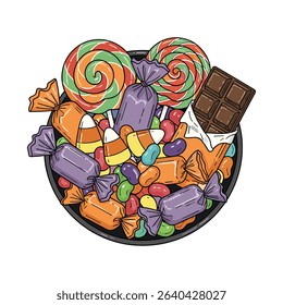 Illustration of a bowl filled with assorted colorful candies and chocolate bar, a perfect snack