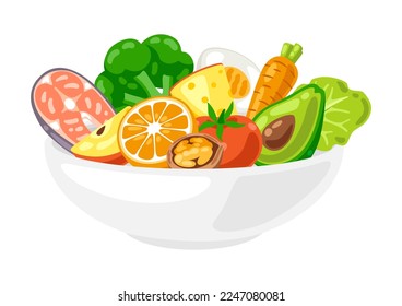 Illustration of bowl with food. Healthy eating and diet meal. Fruits, vegetables and proteins for proper nutrition.