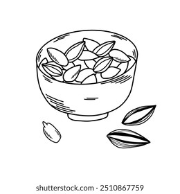 Illustration of a bowl full of roasted sunflower seeds, with shelled seeds around, doodle art