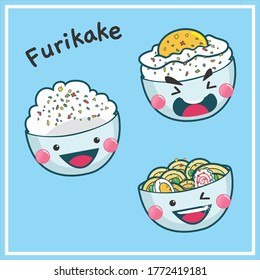 an illustration of  bowl of furikake rice atih egg topping and a bowl of noodle