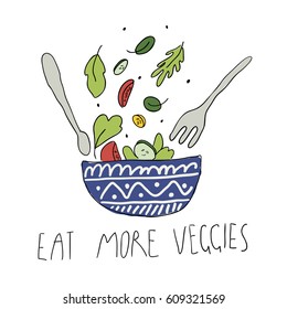 Illustration of bowl with greens and vegetables. Hand drawn salad bowl, cutlery, arugula, spinach, lettuce, tomato, cucumber and doodle lettering.