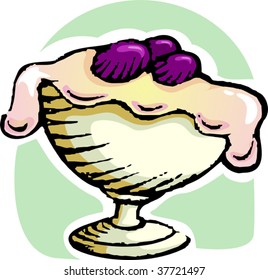 Illustration of bowl with ice cream and cherry	