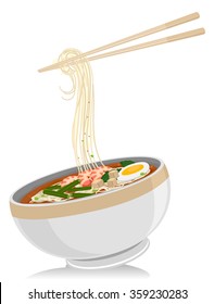 Illustration of a Bowl of Laksa Noodles with a Pair of Chopsticks Hanging Above It