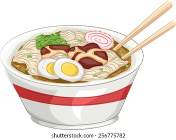 Illustration of a Bowl of Naruto Ramen With a Pair of Chopsticks Resting on the Side