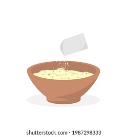 illustration of a bowl of noodles. Sprinkle seasoning powder on instant noodles. fast food. flat cartoon style. vector design
