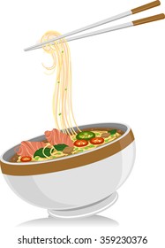 Illustration of a Bowl of Pho Noodles with a Pair of Chopsticks Hanging Above It