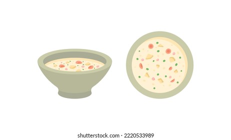 Illustration einer Schüssel Kartoffelsuppe mit Karottenscheiben, Sahne-Suppe, Kuchen und Gemüse. Aussicht von oben und von der Seite. Designs für Illustrationen. Grafikelement