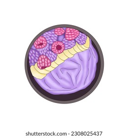 Illustration of a bowl of purple ice cream with berry and banana topping on top.