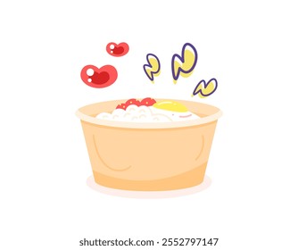 an illustration of a bowl of rice with fried egg and chili sauce. rice bowl. favorite menu of food package. fast food. flat style design. element