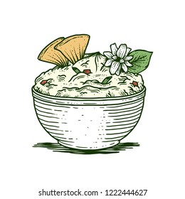 Illustration of bowl of sour cream dip sauce in vintage style. 