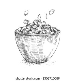 
Illustrationsschüssel mit Zuckermaisflocken.Sketch cereal.ketch porridge Maisflocken und Müsli einzeln auf weißem Hintergrund.Set von Haferbrei Frühstück, gesunde Müsli organische Zeichnung. 