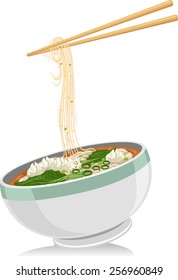 Illustration of a Bowl of Wonton Noodles With a Pair of Chopsticks Hovering Above