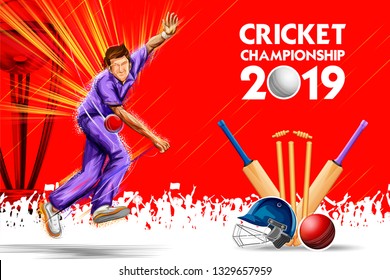 illustration of Bowler bowling in cricket championship sports 2019